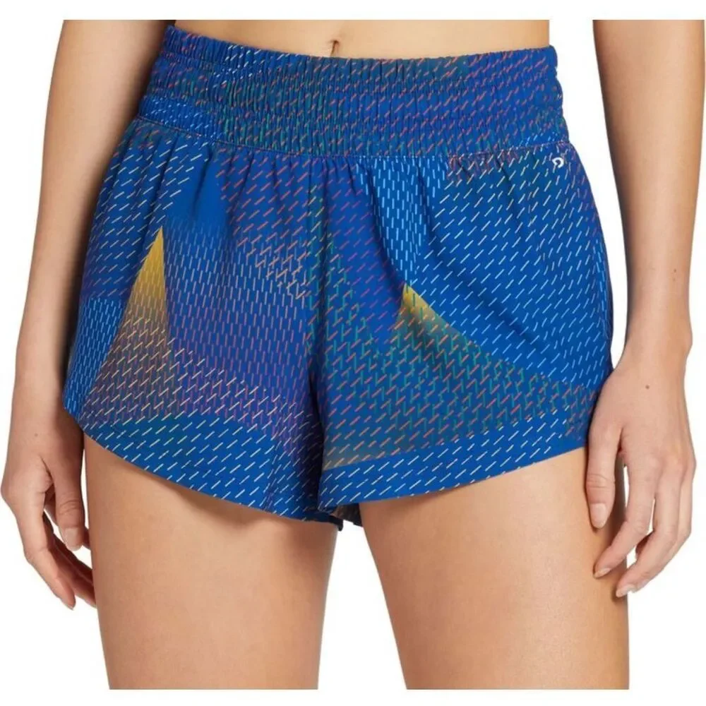 DSG women High Rise Stride Shorts Lined Blue Gold Swirl size XS NWT